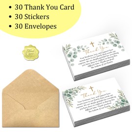 Funeral Thank You Cards with Envelopes - 30 Pack Sympathy Thank You Notes with Pre-Written Message, Eucalyptus Greenery Bereavement Cards with Cross, 4x6 Inch Bulk Acknowledgement Cards for Death, Memorial, Celebration of Life
