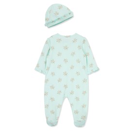 Little Me Baby Girls' 100% Cotton Scratch-Free Tag Footed One-Piece Romper and Hat Sleeper Set, Delicate Floral, Preemie Green