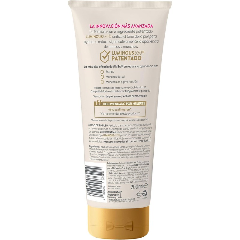 Crema corporal anti‑estrías NIVEA Luminous630 200 ml – 48 h
