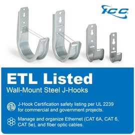 ICC 2-Inch Wall Mount J-Hook – 25-Pack, Cable Support Hooks with Retainer Clips, Galvanized Steel with Zinc Finish – for Structured Cabling and Cable Management