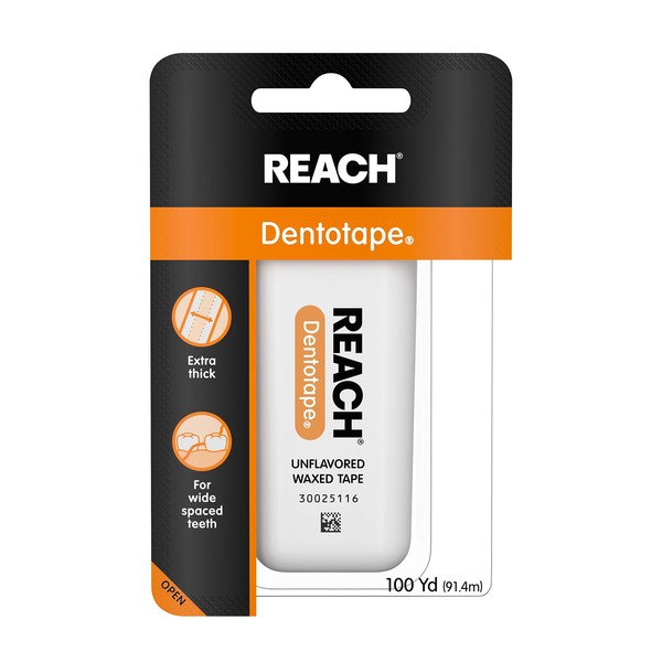 Reach Dentotape Waxed Dental Floss with Extra Wide Cleaning Surface for Large Spaces between Teeth, Unflavored, 100 Yards (Pack of 6)