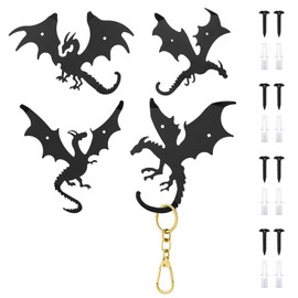 Otoolling 4 Pcs Dragon Wall Hooks Metal Dragon Key Holder Coat Rack Decorative Hanger Matte Black Fantasy Decor for Shelves, Keys, DIY Wall Organizers, 4 Flying Designs (Classic Style)