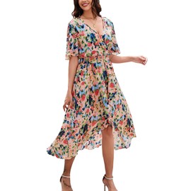 Kormei Women Short Sleeve V Neck Floral High Low Flowy Summer Party Long Maxi Dress S Red/Blue Floral