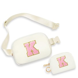 YOOLIFE Initial Crossbody Bag for Girls - Monogrammed Fanny Pack Belt Bag Purse for Teen Girls Women, Stocking Stuffers for Girls Teen Daughter Sister, Christmas Gifts for Girls Teens Kids, White K