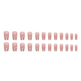 SINLOV Coffin False Nails Long Nude Pink Gradient Fake Nails Crystal Pearl Press on Nails French Nails Sparkly Ballerina Acrylic Stick on Nails for Women and Girls