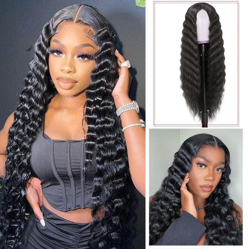 INSTASTYLE 30 Inch Synthetic Curly Wigs for Women Long Black