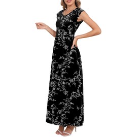DB MOON Womens 2025 Maxi Dresses Empire Waist Long Sun Dress Casual Cap Short Sleeve Sundress with Pockets M, Black Floral 01
