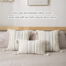 decorUhome Boho Beige Cushion Covers 45x45cm Set of 2, Decorative Tufted Tassel Woven Pillow Case for Sofa Couch 18X18 Inch