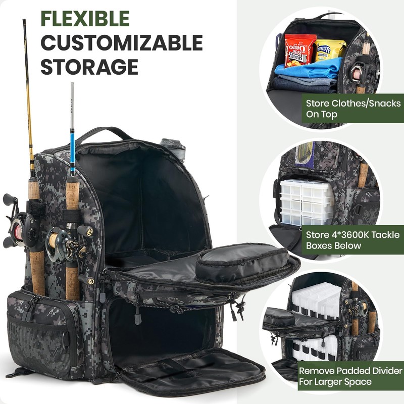 Lansru Rolling Fishing Backpack with Rod Holder, 48L Wheeled Tackle