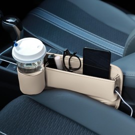 MTCode Car Seat Gap Filler Organizer, Leather Car Seat Gap Filler Storage Box with Cup Holder, Front Seat Storage Organizer, Car Accessories Universal Fit(Beige)
