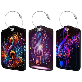 3 Pack PU Luggage Tags for Suitcase, Colorful Music Notes Suitcase Tag Leather Privacy Cover ID Label with Stainless Steel Loop for Baggage Handbag School Bag Backpack