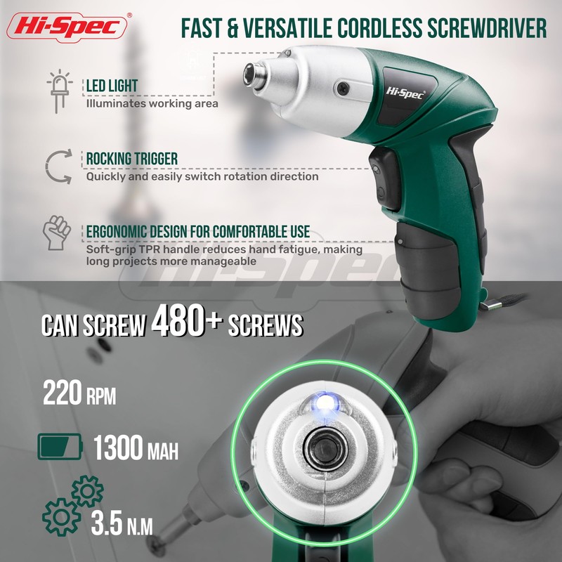 Hi-Spec 3.6V Cordless Electric Screwdriver Set with Interchangeable Bits, Green