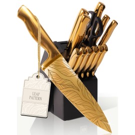 STYLED SETTINGS Gold Knife Set with Block and Built-in Sharpener – 14-Piece Titanium-Coated Blades with Etched Leaves Pattern, Ultra-Sharp Stainless Steel, Durable & Stylish Kitchen Knife Block Set