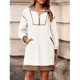 Wenrine Women's Oversized Sweatshirt Dress Half Zip V Neck Long Sleeve Contrast Fall Casual Mini Dresses White