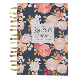 Christian Art Gifts Inspirational Journal, Be Still & Know That I Am God Wide Ruled Notebook, Ps. 46:10 Bible Verse, Navy Blue/Pink Florals, 192 Lined Pages w/scripture, (8.4” x 6.4” x 1”)