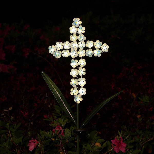 Joyathome Solar Cross Garden Stake Outdoor Lights, 40 Inch Solar Powered Cross Lights Stake with 24 LED Decorative Flower Lights for Remembrance Gifts