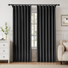 Black Pinch Pleated Blackout Curtains 95" Long for Bedroom, Back Tab with Hooks for Track System, Thermal Insulated Linen Striped Textured Solid Curtains for Living Room Darkening 2 Pcs 40" W x 95" L