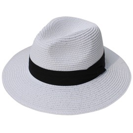 DRESHOW Women Wide Brim Straw Panama Roll up Hat Fedora Beach Sun Hat UPF50+