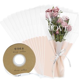 Flower Rose Sleeve,50PCS Clear Floral Bouquet Packaging Bags with 1 Roll Just for You White Ribbon Plastic Pink with LOVE Printed Flower Bags for Wedding Anniversary Valentine's Day Mother's Day