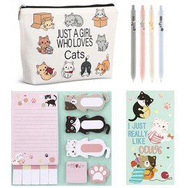 MotiMind Juego de 6 piezas de artículos de papelería de gato, bolígrafos con notas adhesivas, bolsa de maquillaje, bolsa para lápices para niñas, muje