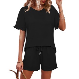 Ivicoer Two Piece Outfits for Women Lounge Sets Shorts and Round Neck Ruffle Sleeve Tracksuit(Black,XX-Large)