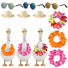 CIEOVO 3 Set Hawaiian Porch Goose Outfits, Summer Lawn Goose Statue Clothes Costume, 23/17'' Lawn Patio Statue Clothes Straw Hat and Hawaiian Lei Costume for Luau Party Outdoor Garden Yard Decor