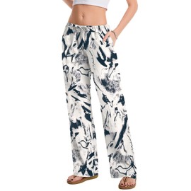 AKEWEI Womens Lightweight Cotton Linen Palazzo Trousers Black White Print Loose Fit Pants for Effortless Style in All Seasons