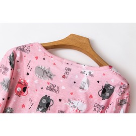 CHUNG Women Cotton Nightgown Long Sleeve Crew Neck Dress Nightdress Pajamas (XL, PinkCat)