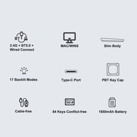 iBlancod Wireless Mechanical Keyboard 84 Keys 2.4G+BT5.0+Type-C 3 Connections 75% Low Profile Layout Keyboards 15 Light Effect 5 Brightness Levels for Tablet Laptop Smartphone OUTEMU Blue Switches