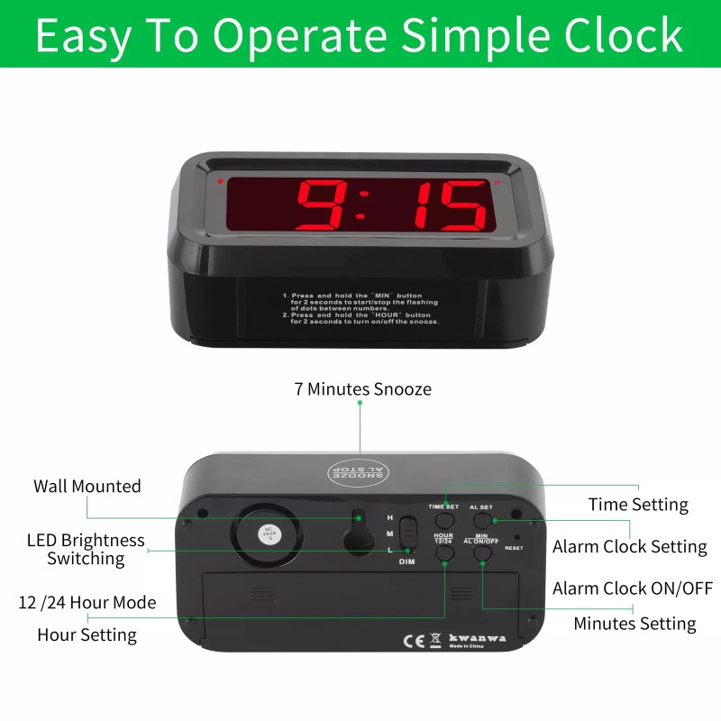 KWANWA Alarm Clock, LED Digital Clock, Small Wall Clock, Battery