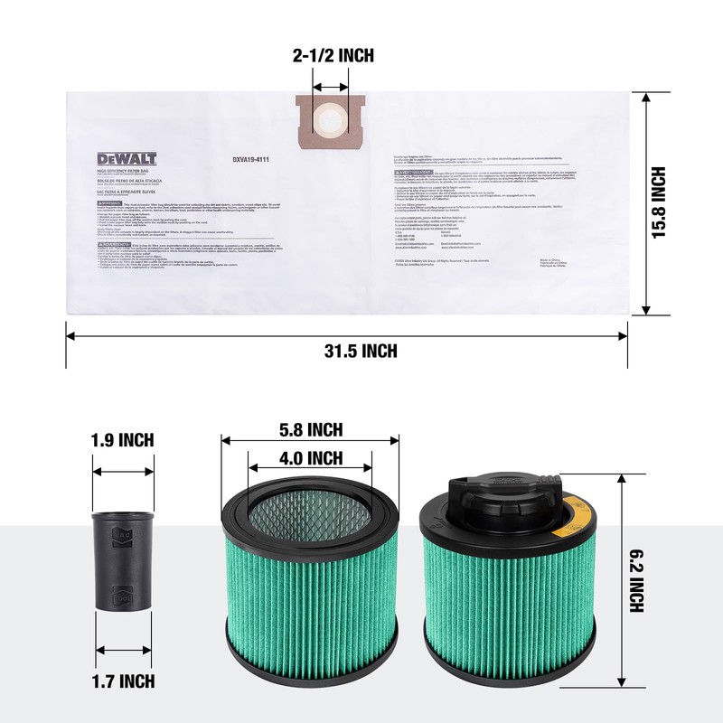 DEWALT Shop Vac HEPA Filter Replacement, 3-Pack Dust Bags &