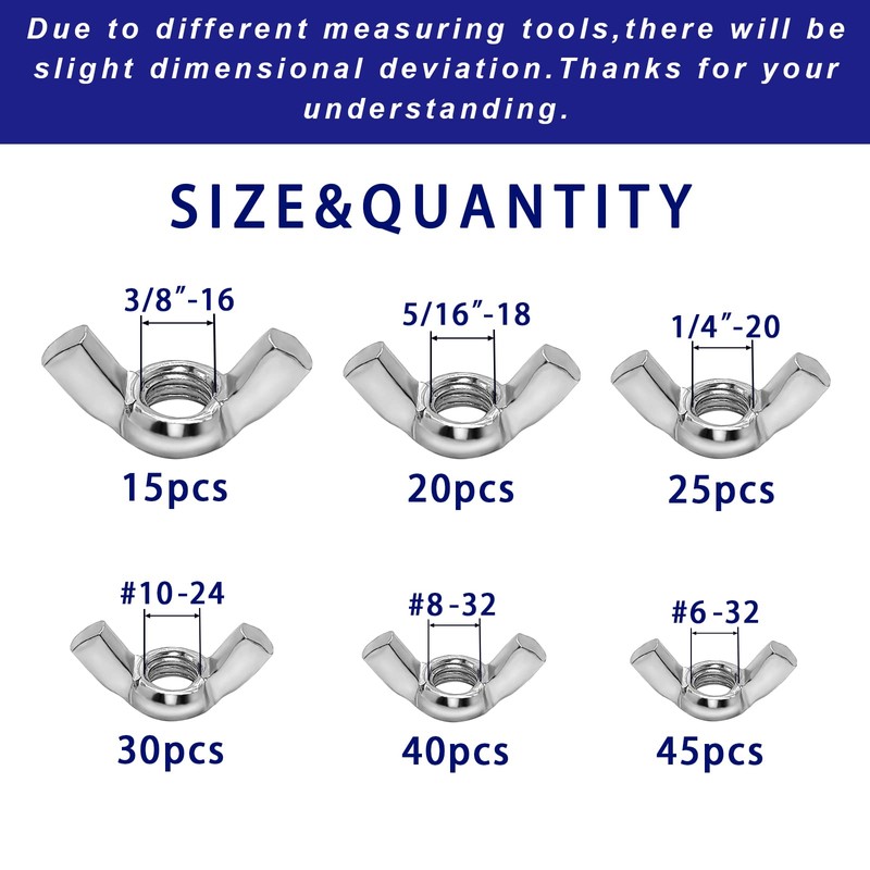 175 PCS Wing Nuts Fasteners Butterfly Wing Nuts SAE Steel