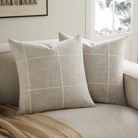 YZJZEDS 2 Packs Grid Embroidery Throw Pillow Covers, 16x16 Inch Raw Linen, Farmhouse Cotton Linen Decorative Beige Cushion Covers for Sofa Bed Living Room Home Decor