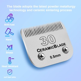 DODAER 10 Pack Detachable Pet Dog Clipper Blades, Compatible with Andis Size 30 Cut Length 1/50"(0.5mm),Most Oster A5,Wahl KM10 Series Clippers,Made of Ceramic Blade & Stainless Steel Blade