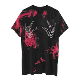 Avanova Women Tie Dye Skull Graphic Oversized Tees Vintage Skeleton Hands Loose Fit T Shirt Black Red X-Large