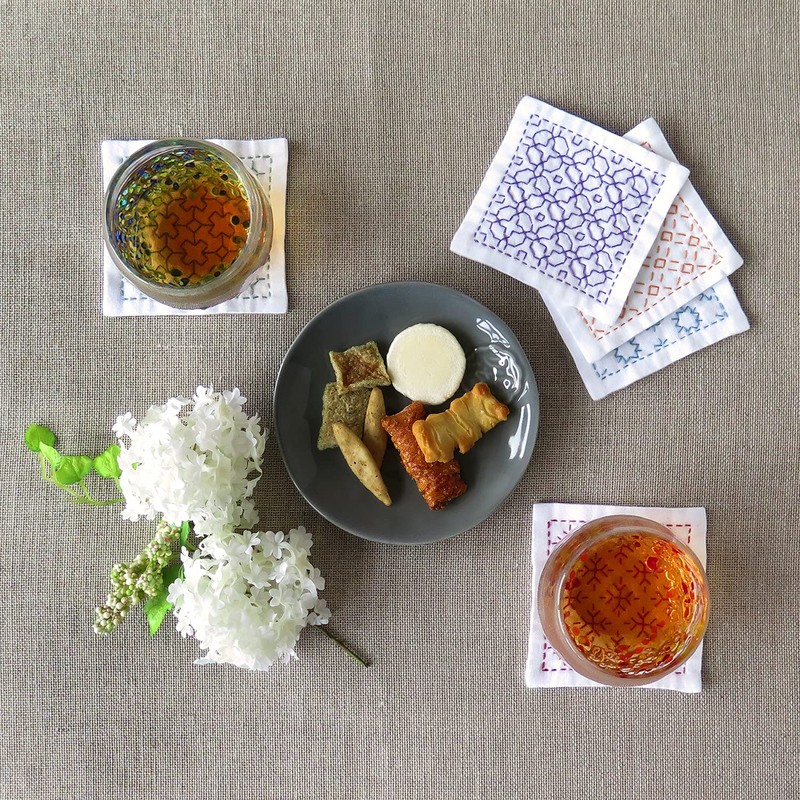 Olympus Thread Hitomezashi Sashiko Embroidery Kit Coaster White 5 Pieces