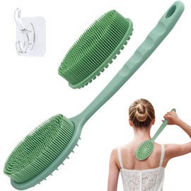 GEENOA Silicone Back Scrubber for Shower, Gentle Silicone Body Scrubber & Back Washer with Handle, Silicone Loofah Bath Brush with Two Replaceable Brush Heads(Green-Two Heads)