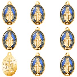 YionZian 50Pieces Small Metal Oval Blue Enamel Our Lady Religious Medal Charm Jesus Virgin Mary Pendants for Diy Bracelet Necklace Jewelry Making Supplies, Zinc, No Gemstone