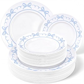 60 Pcs Blue Plastic Plates Set for Wedding Party Guests Blue and White Bow Patterns Dish 10.25" Dinner 7.5" Dessert Plates Disposable for Banquet Dinner Bridal Shower