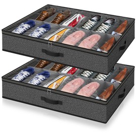 2 Pack Under Bed Shoe Storage Organizer for Closet, Fits Total 24 Pairs Foldable Underbed Shoes Containers Boxes Under the Bed Storage Bedding with Sturdy Handles&Clear Window for College Dorms, Grey