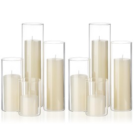 Shihanee Set of 8 Ivory Pillar Candles and Glass Cylinder Vases 4 Sizes Clear Cylinder Holders for Pillar Candles Home Table Centerpieces Decoration