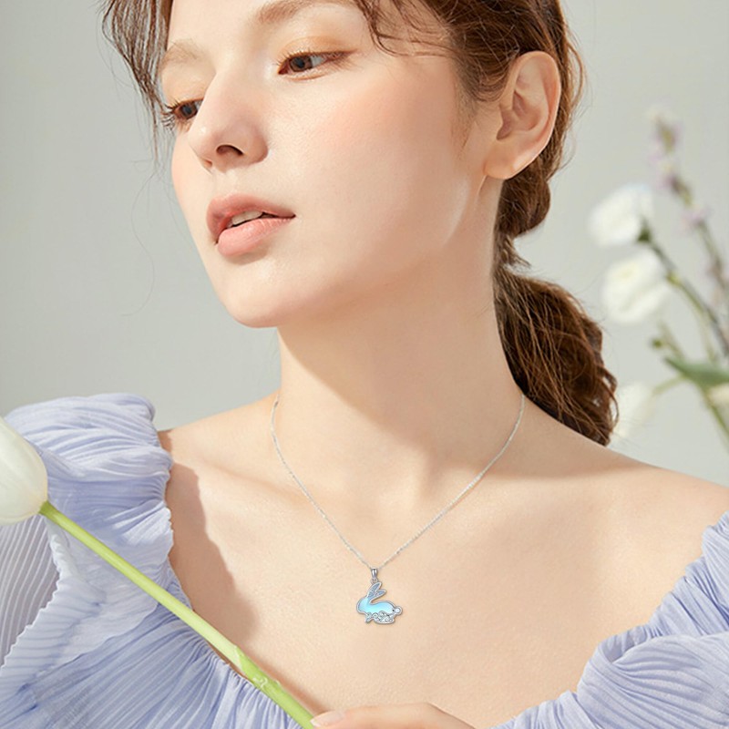 DAYLINLOVE Rabbit Chain 925 Sterling Silver Filigree Moonstone Pendant Necklace