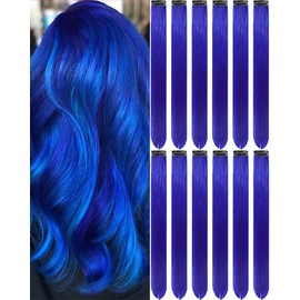 Olldag 12 PCS Blue Hair Extensions Clip in, 20 Inch Colored Hair Extensions Party Highlights Long Straight Synthetic Hairpieces for Women Kids Girls