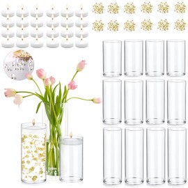 PNJHDZ Set of 12 Glass Cylinder Vases for Centerpieces with 80000 Water Beads 12 Pearl String 24 White Floating Candles for Centerpieces, Table Centerpieces for Wedding Party Home Decor 5, 6, 8 Inch