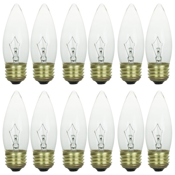 Sunlite 25ETC/32/12PK 25W Incandescent Torpedo Tip Chandelier with Crystal Clear Light Bulb and Medium E26 Base (12 Pack)