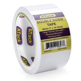 ATack Double-Sided Tape White, 2 Inches x 10 Yards, Heavy Duty Double Sides self Sticky Wall Fabric Tape for Wood Templates, Furniture, Leather, Curtains and Craft