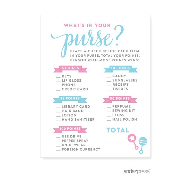 Andaz Press Team Pink Team Blue Gender Reveal Baby Shower Party, What's in Your Purse? Game Cards, 20-Pack