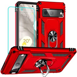 for Google Pixel 7 Case: with Screen Protector - Military Grade Protective Cases with Finger Ring Holder Kickstand for Pixel 7(Red)