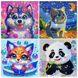 BSRESIN 4 Pack Diamond Art Kits, Cartoon Animals DIY Diamond Painting Kits for Adults Beginner, Kids' Mosaic Kits 5D Full Round Drill Gem Art for Home Wall Decor Kids 6X6 inch
