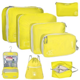 8 Set Expandable Compression Packing Cubes for Suitcases Travel Essentials Carry On Waterproof Storage Bag With Dry And Wet Separation Yellow